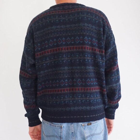 Vintage Van Heusen Navy Maroon Biggie Cosby Eclectic Knit Crewneck Sweater L - Picture 2 of 9